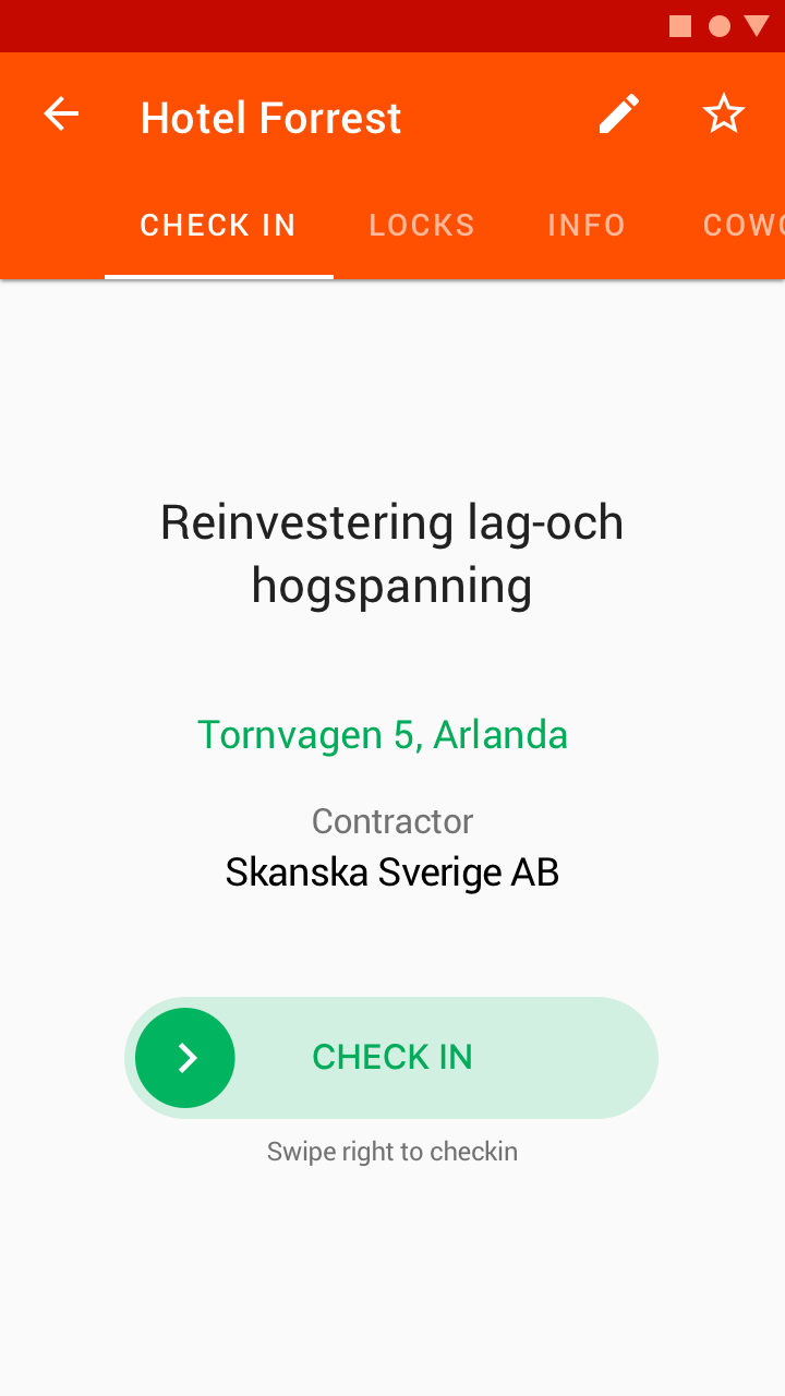 The old Android app: a site with tabs for Check in, Locks, Info and more, cut off at the edge