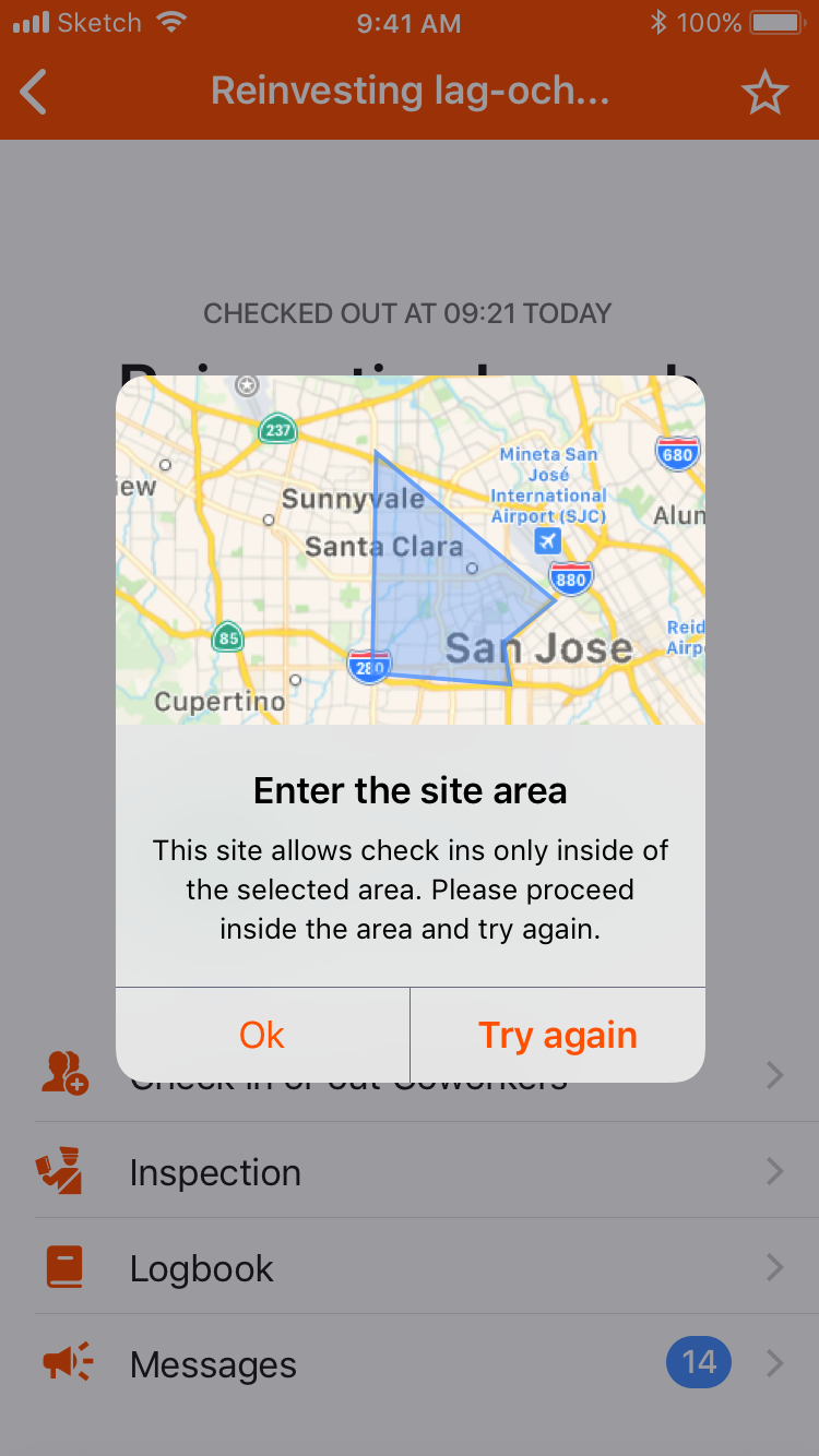 The old app: an alert with a small static map of the site area, Enter the site area, and Ok or Try again