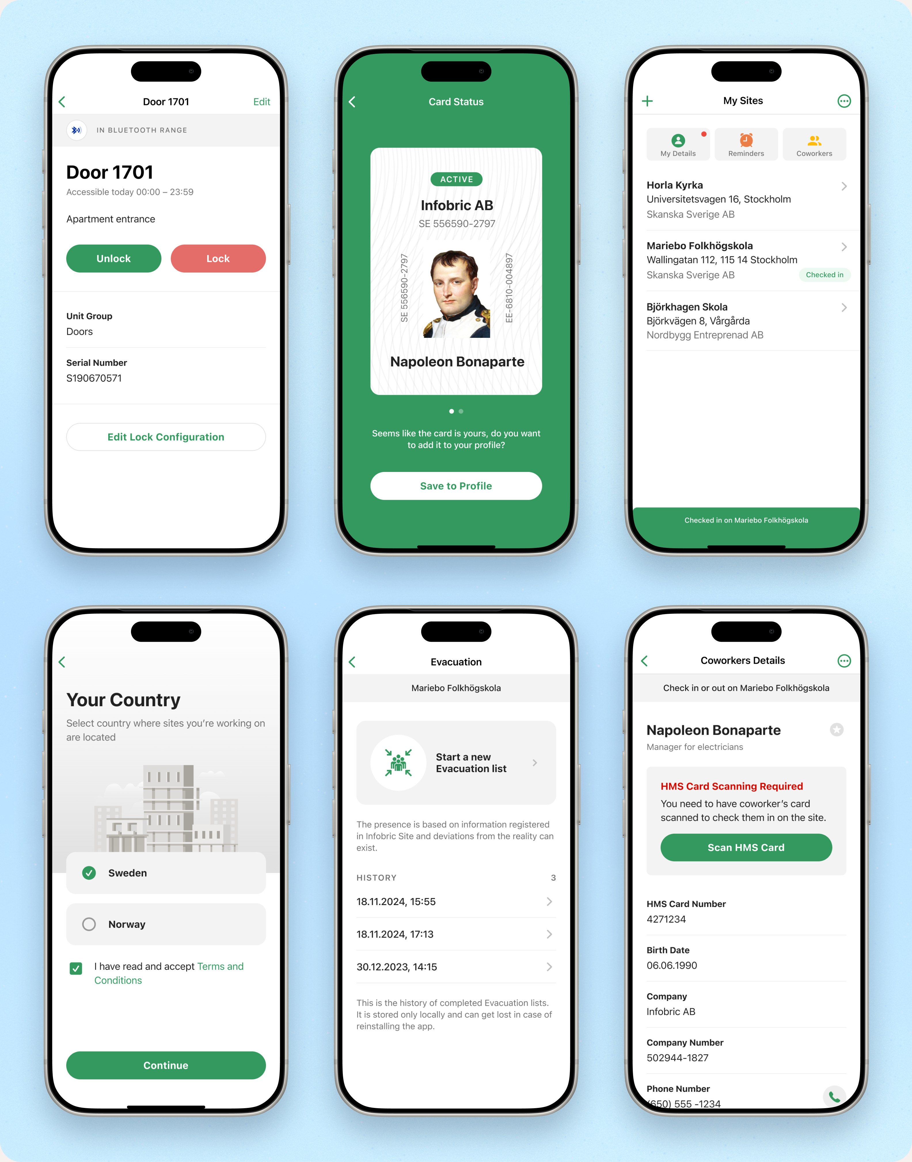 Six screens of the redesigned app in phones: a door lock, the ID card status, My sites, choosing a country at registration, the evacuation list and a coworker's details