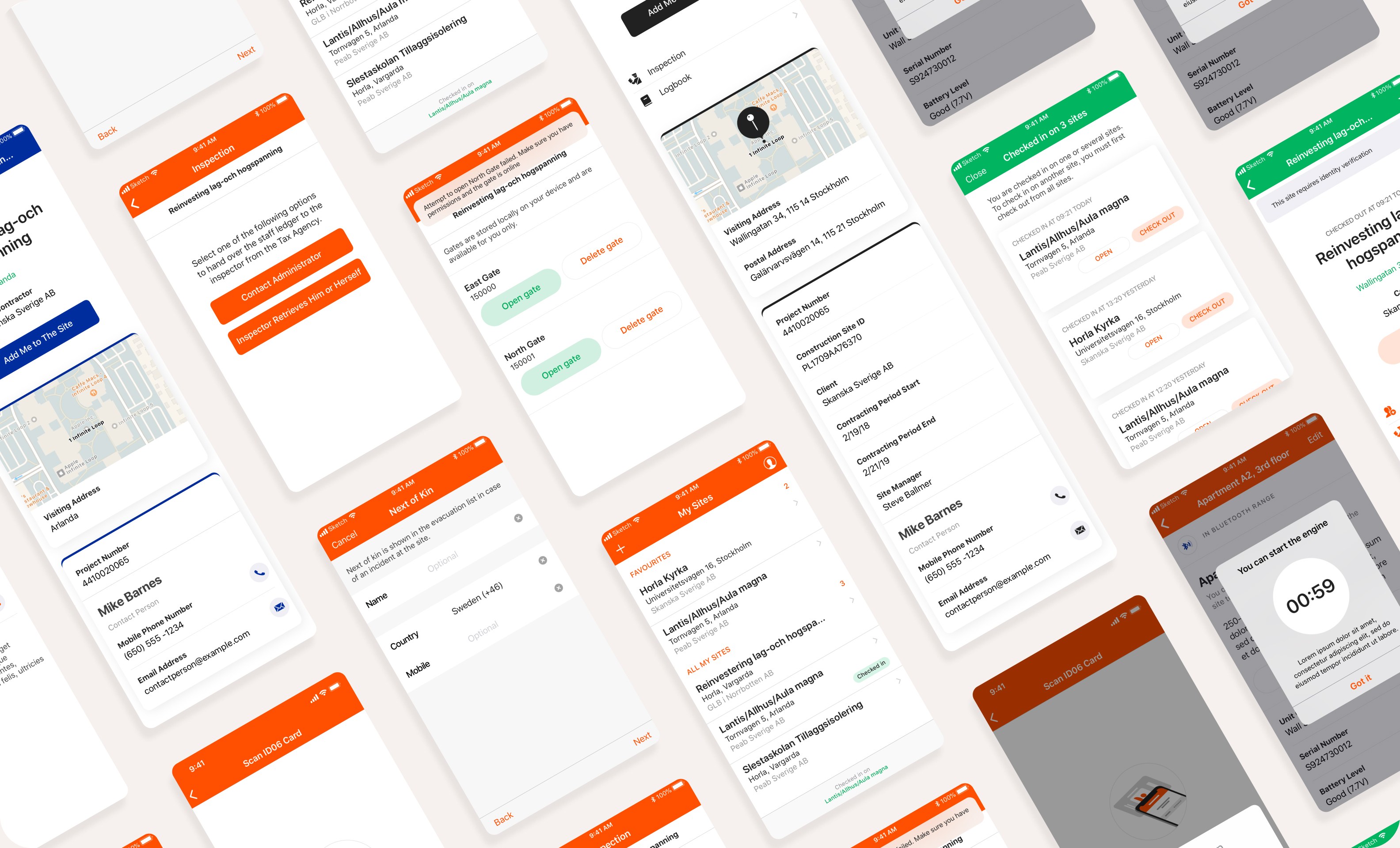 The old app: a tilted grid of its orange screens