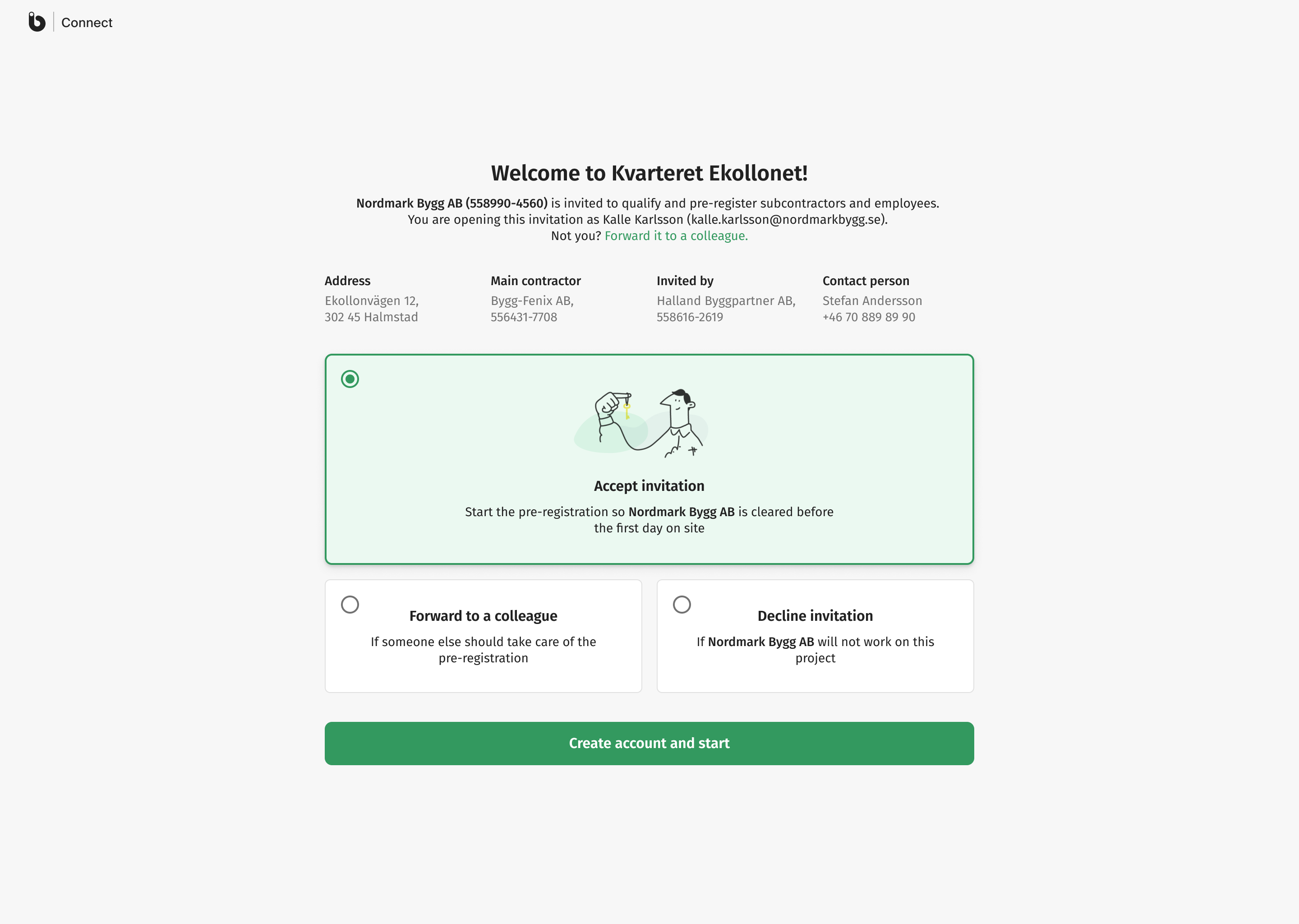 Accept invitation page: Accept invitation is preselected, with Forward to a colleague and Decline invitation below it