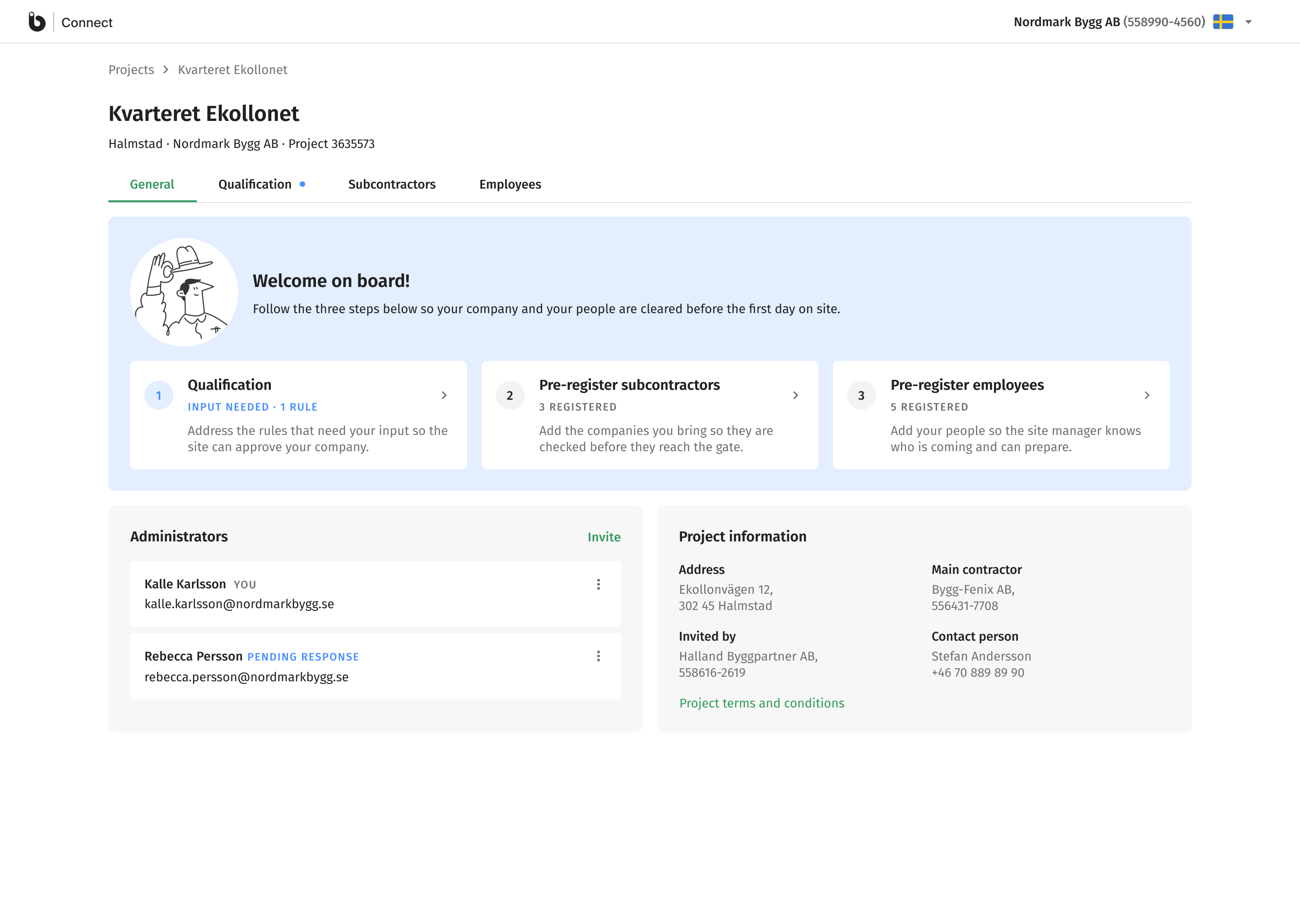 The project's General tab, with a banner showing the linked steps and their progress