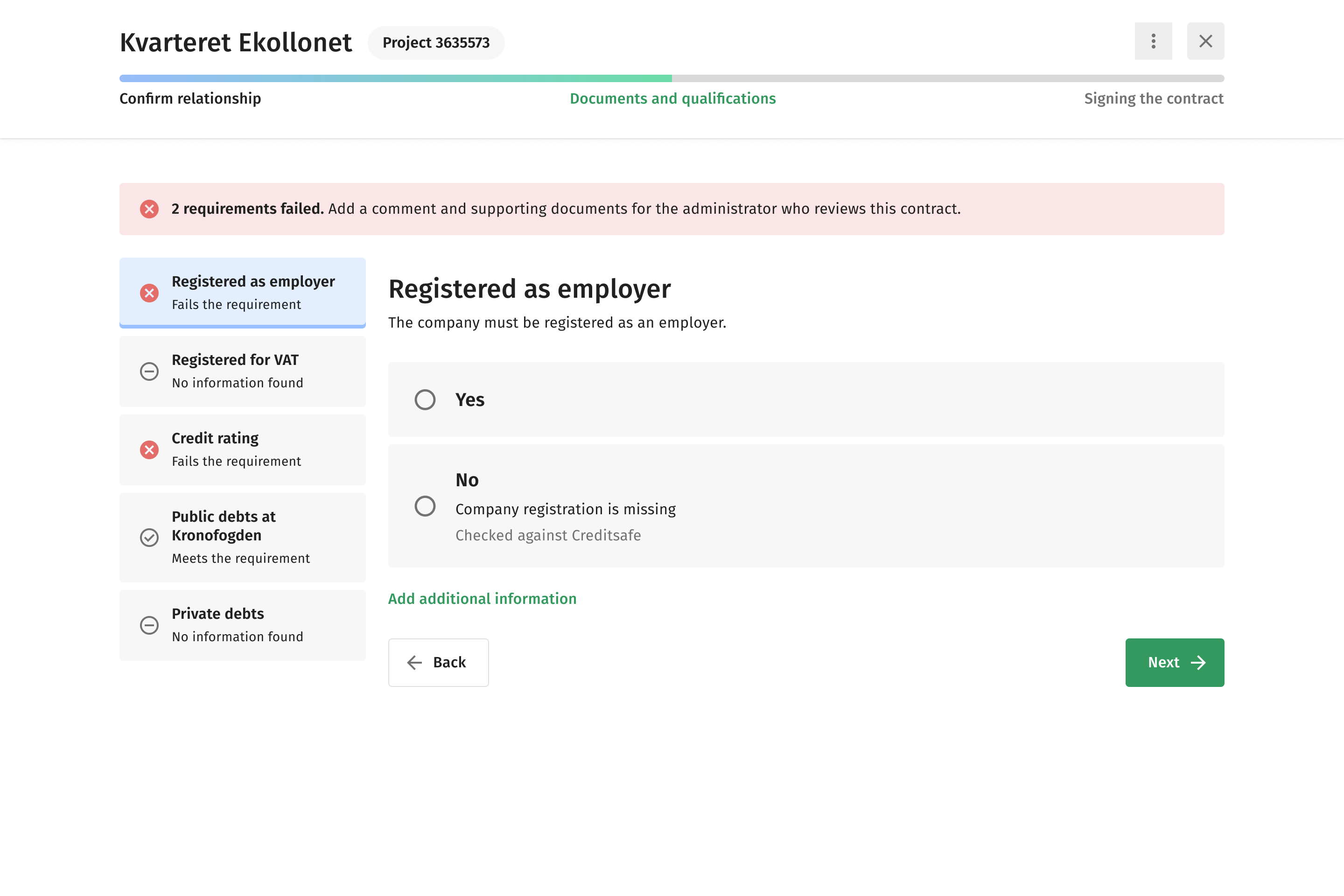 First wireframe: the Registered as employer rule, answered Yes by the company although the registry finds no registration