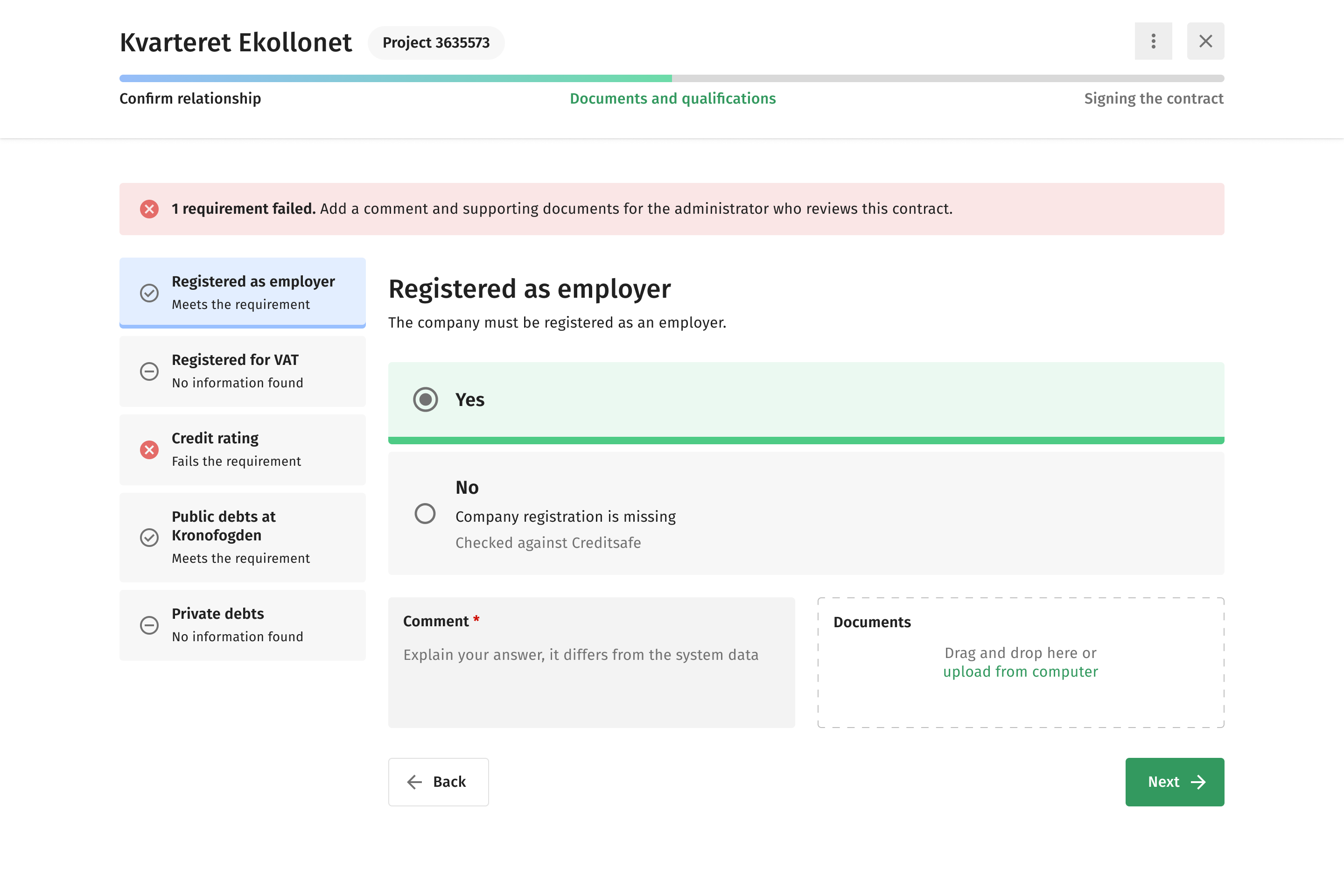 First wireframe: the next step of the qualification flow, with a document upload