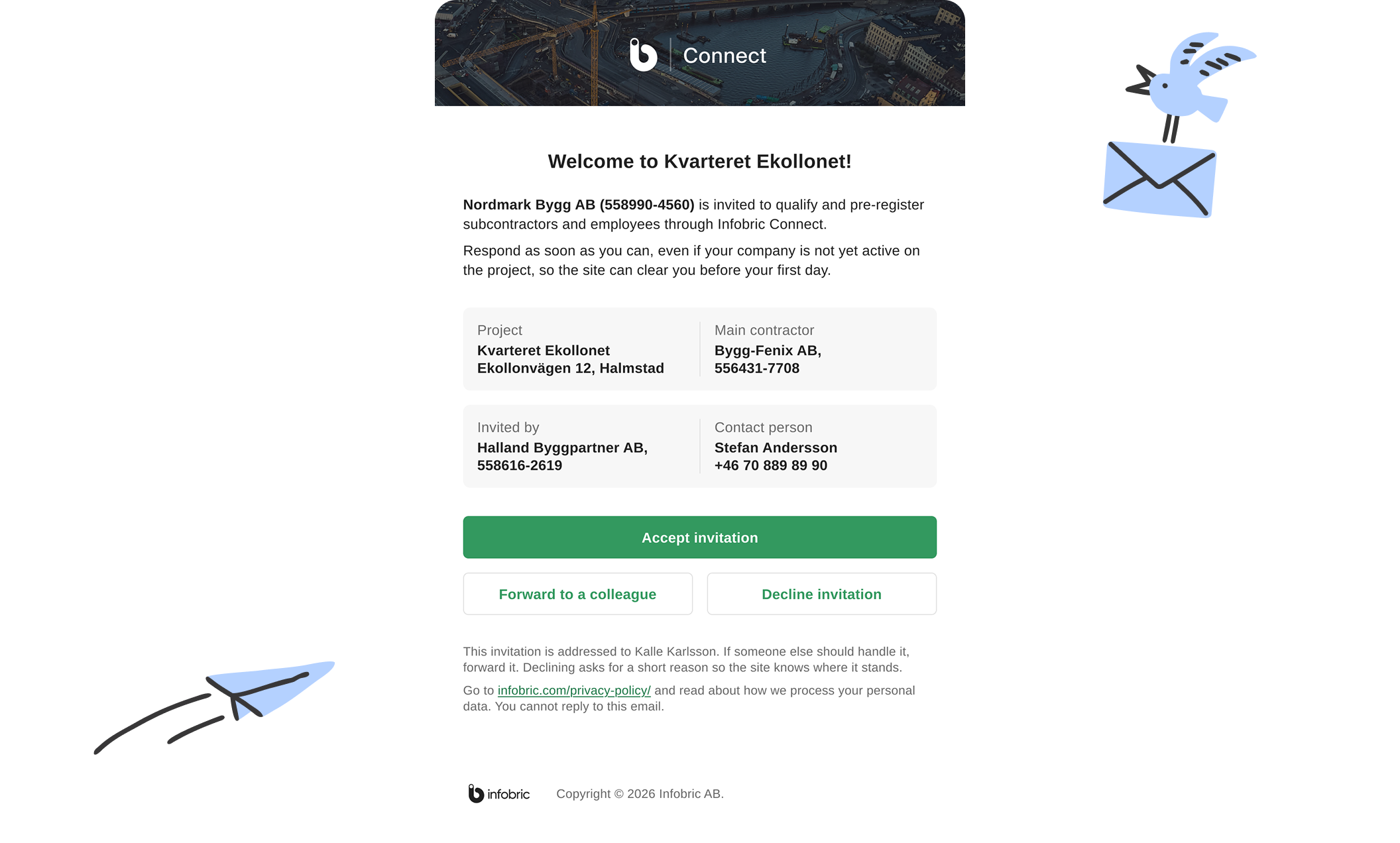 The invitation email: Welcome to Kvarteret Ekollonet, with project details, Accept invitation, Forward to a colleague and Decline invitation